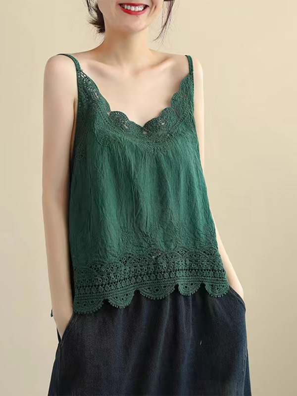 Cotton and Linen Vest Women's Retro Outerwear Suspenders Embroidered Lace Hollow Top - Stormyjay