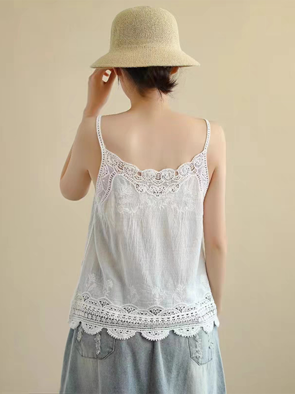 Cotton and Linen Vest Women's Retro Outerwear Suspenders Embroidered Lace Hollow Top - Stormyjay