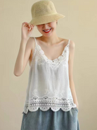 Cotton and Linen Vest Women's Retro Outerwear Suspenders Embroidered Lace Hollow Top - Stormyjay