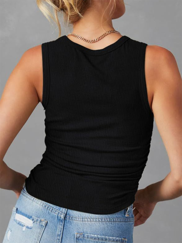 New Sleeveless Knitted Slim Side Pleats Solid Color Round Neck Vest - Stormyjay