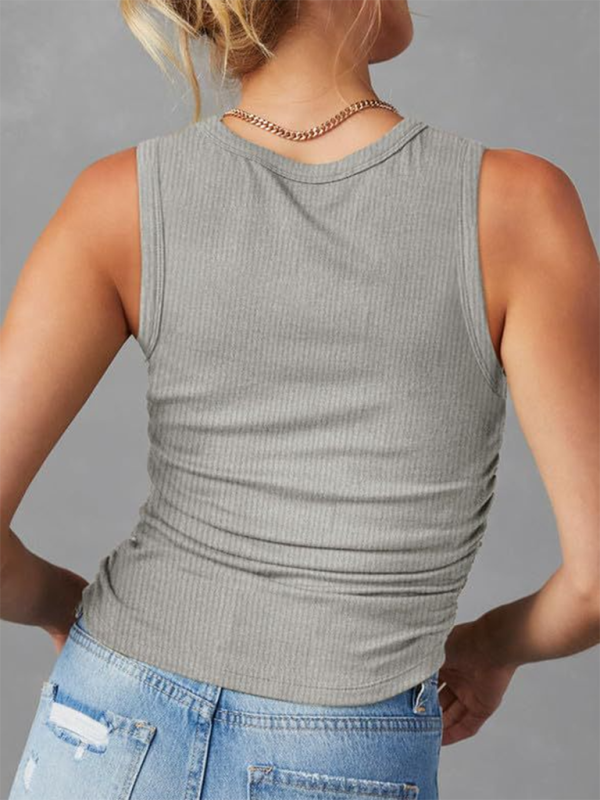 New Sleeveless Knitted Slim Side Pleats Solid Color Round Neck Vest - Stormyjay