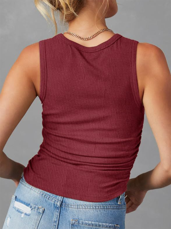 New Sleeveless Knitted Slim Side Pleats Solid Color Round Neck Vest - Stormyjay