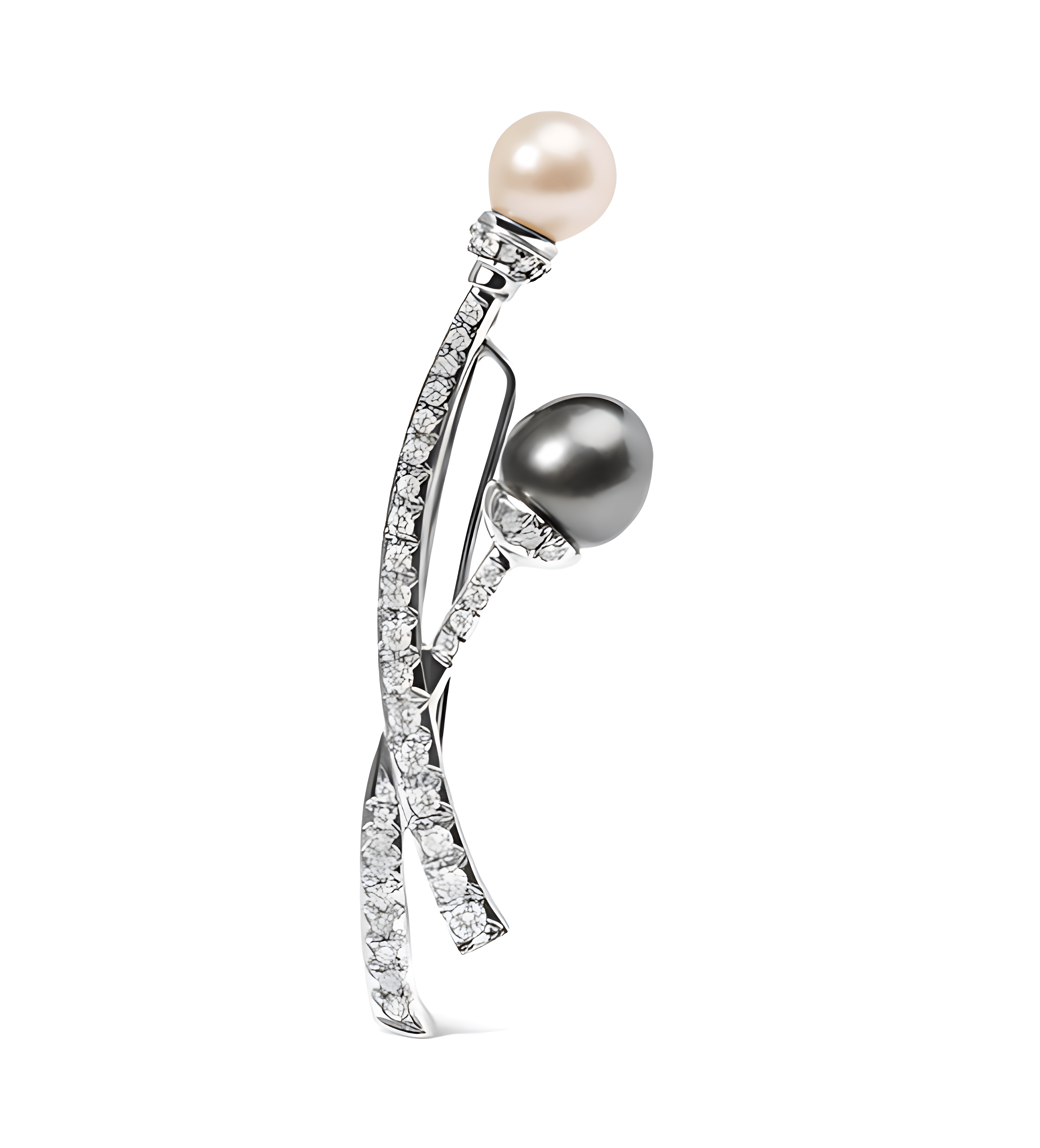 18K White Gold 3/5 Cttw Diamond and Cultured South Sea Black and White Pearl Brooch Pin (H-I Color, VS1-VS2 Clarity) - Stormyjay