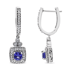 14K White Gold 4x4 mm Cushion Shaped Blue Tanzanite and 1/3 Cttw Diamond Halo 1" Inch Drop and Dangle Earrings (J-K Color, SI2-I1 Clarity) - Stormyjay