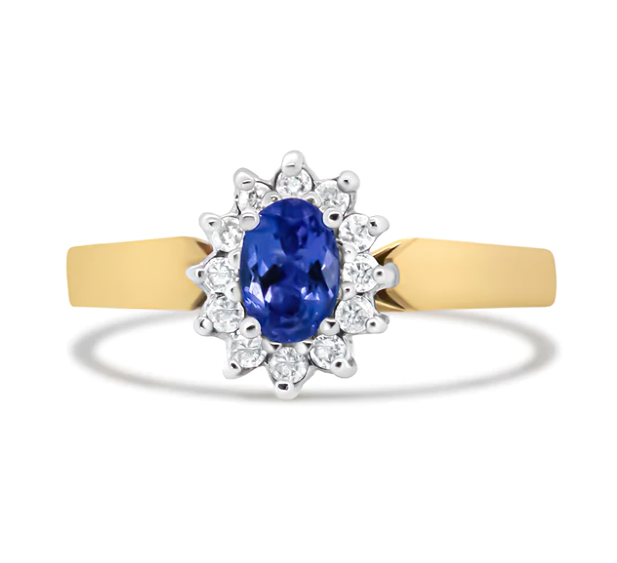 14K Yellow Gold 1/5 Cttw Round Diamond and 6x4mm Oval Blue Tanzanite Halo Ring (H-I Color, I1-I2 Clarity) - Size 7.75 - Stormyjay