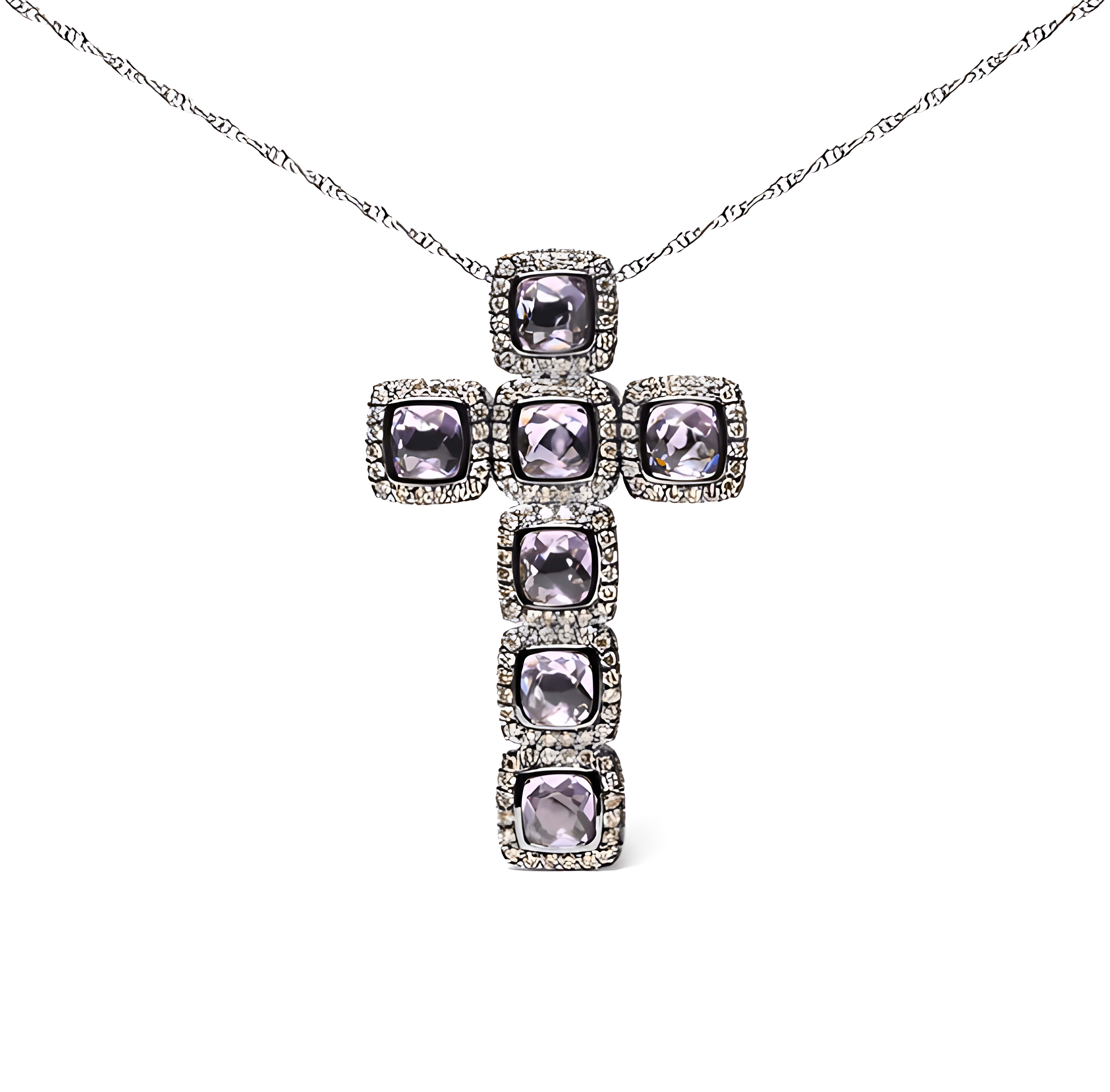 Black Rhodium Plated 18K Rose Gold 1 1/2 Cttw Brown Pave Diamonds and Cushion Cut Rose De France Amethyst Halo Cross 18" Pendant Necklace (Brown Color, SI1-SI2 Clarity) - Stormyjay