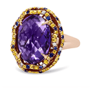 18K Yellow and Rose Gold Claw Prong Set Checkerboard Cut Purple Amethyst, Blue & Yellow Sapphire, Diamond Accent Cocktail Ring Band (F-G Color, VS1-VS2 Clarity) - Stormyjay