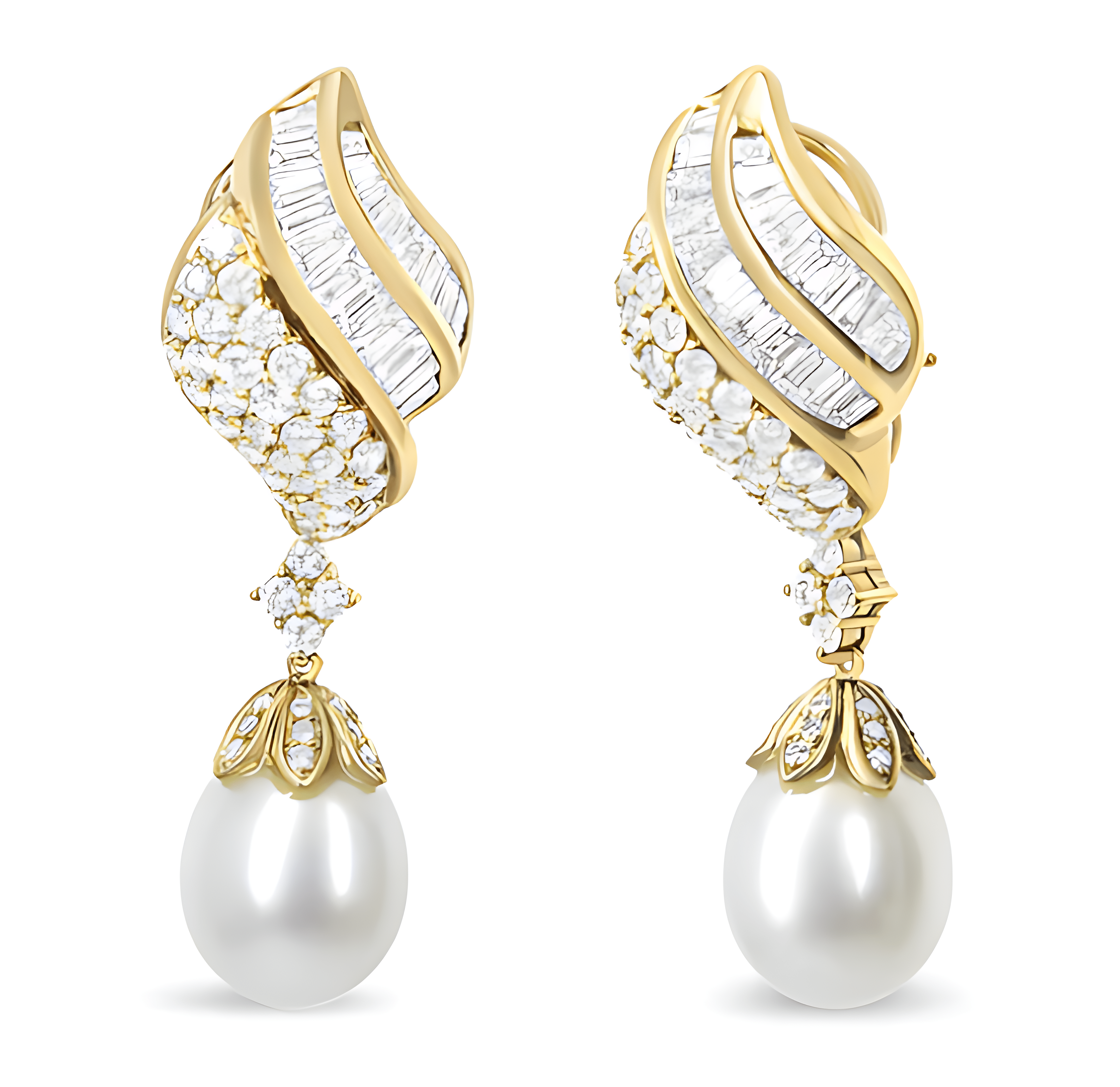 18k Yellow Gold 7.0 Cttw Baguette and Round Diamond South Sea Pearl Drop Dangle Clip-On Earrings (F-G Color, VS1-VS2 Clarity) - Stormyjay