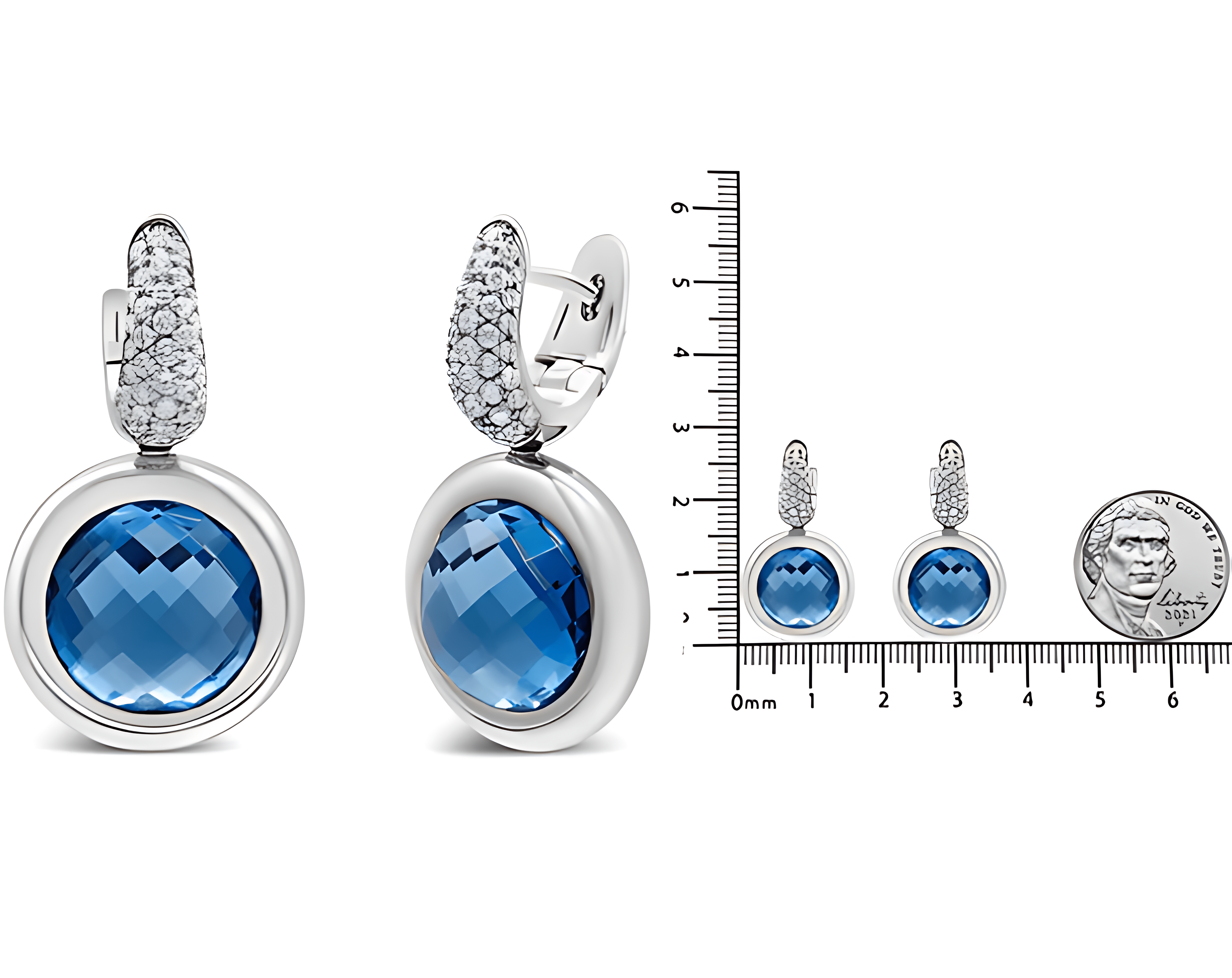 18K White Gold Bezel Set 11mm Blue Topaz and 1/2 Cttw Invisible Set Diamond Bale Dangle Earrings (F-G Color, VS1-VS2 Clarity) - Stormyjay