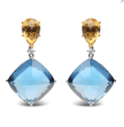 18K White and Yellow Gold 1/6 Cttw Diamond with Pear Cut Yellow Citrine and 20mm Cushion Cut Blue Topaz Gemstone Dangle Earrings (G-H Color, SI1-SI2 Clarity) - Stormyjay