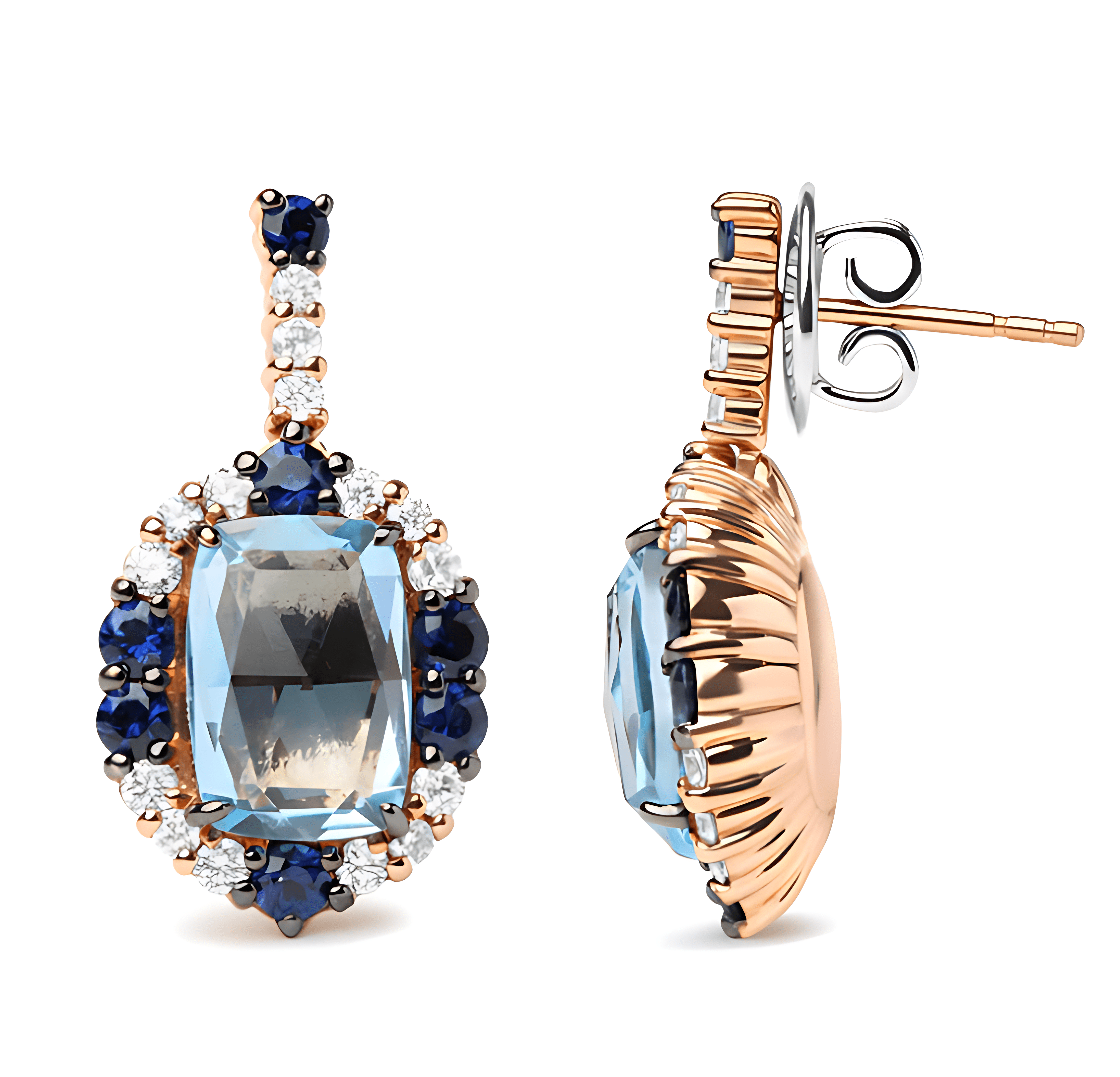 18K White and Rose Gold and 3/4 Cttw Diamond with Round Blue Sapphire and 13x8mm Cushion Cut Sky Blue Topaz Gemstone Cluster Dangle Earrings (G-H Color, SI1-SI2 Clarity) - Stormyjay