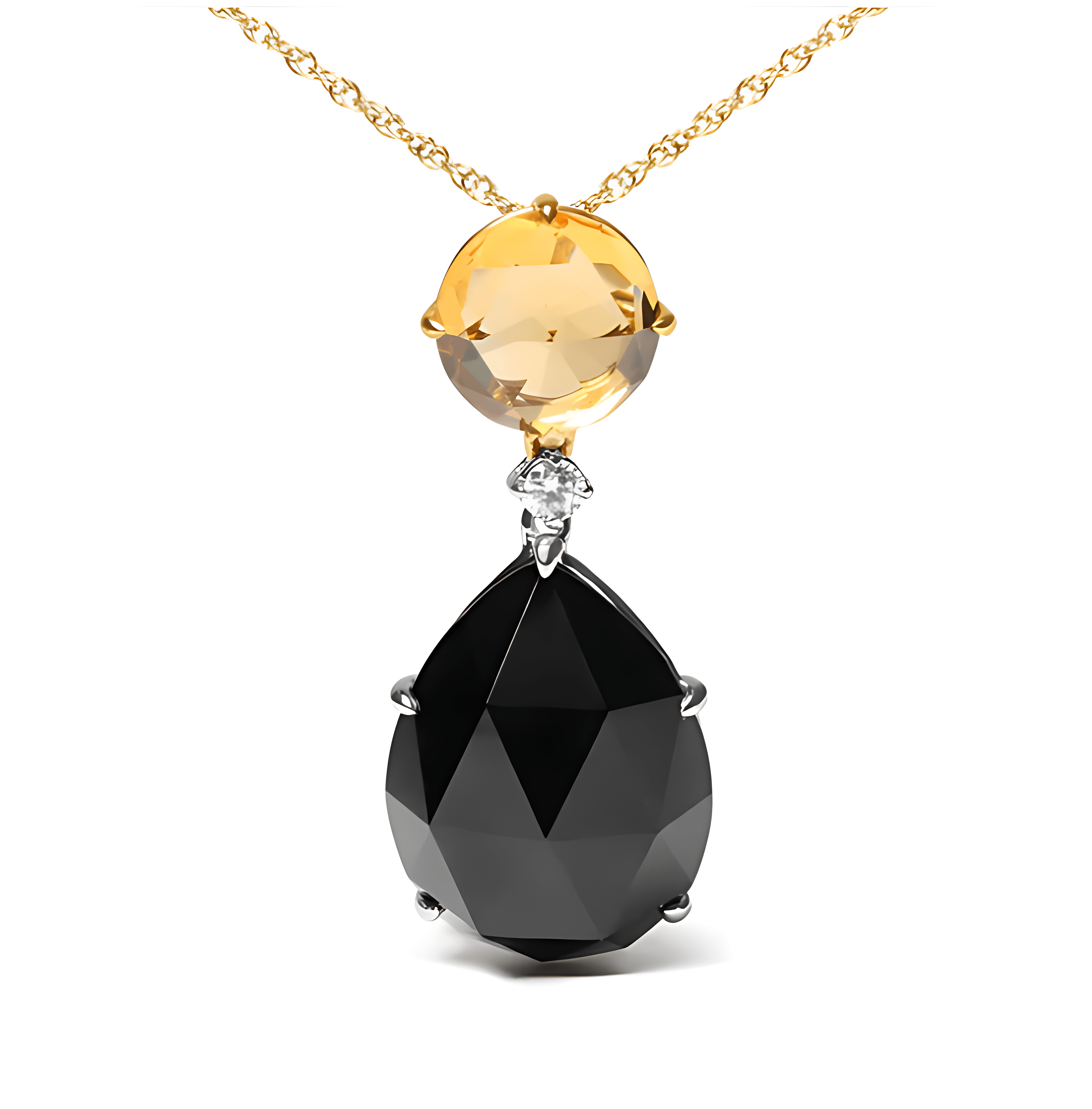 18K White and Yellow Gold Diamond Accent and Round Yellow Citrine and Pear Cut Black Onyx Dangle Drop 18" Pendant Necklace (G-H Color, SI1-SI2 Clarity) - Stormyjay