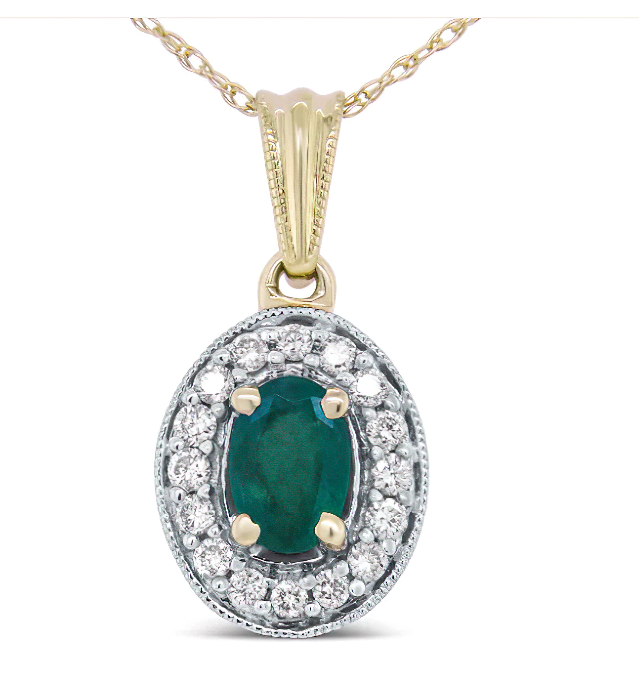 14K Yellow Gold 6x4mm Emerald and 1/5 Cttw Round Diamond Halo Pendant 18" Necklace - (H-I Color, SI1-SI2 Clarity) - Stormyjay