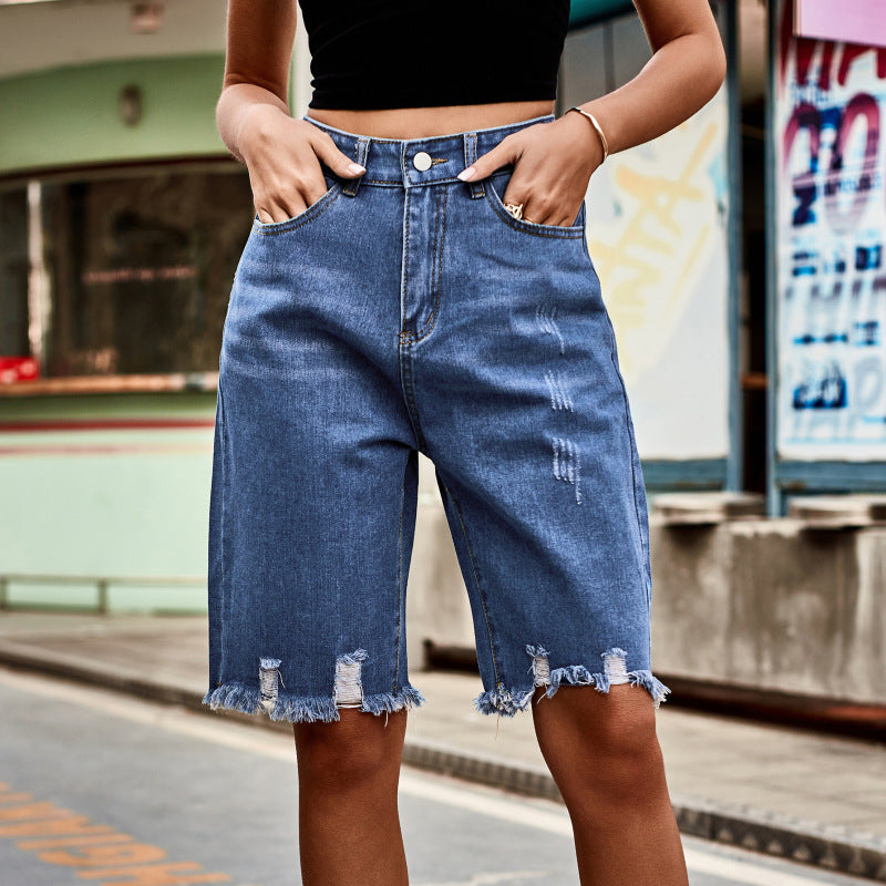 Summer new fashion ripped raw edge fringed five point jeans - Stormyjay