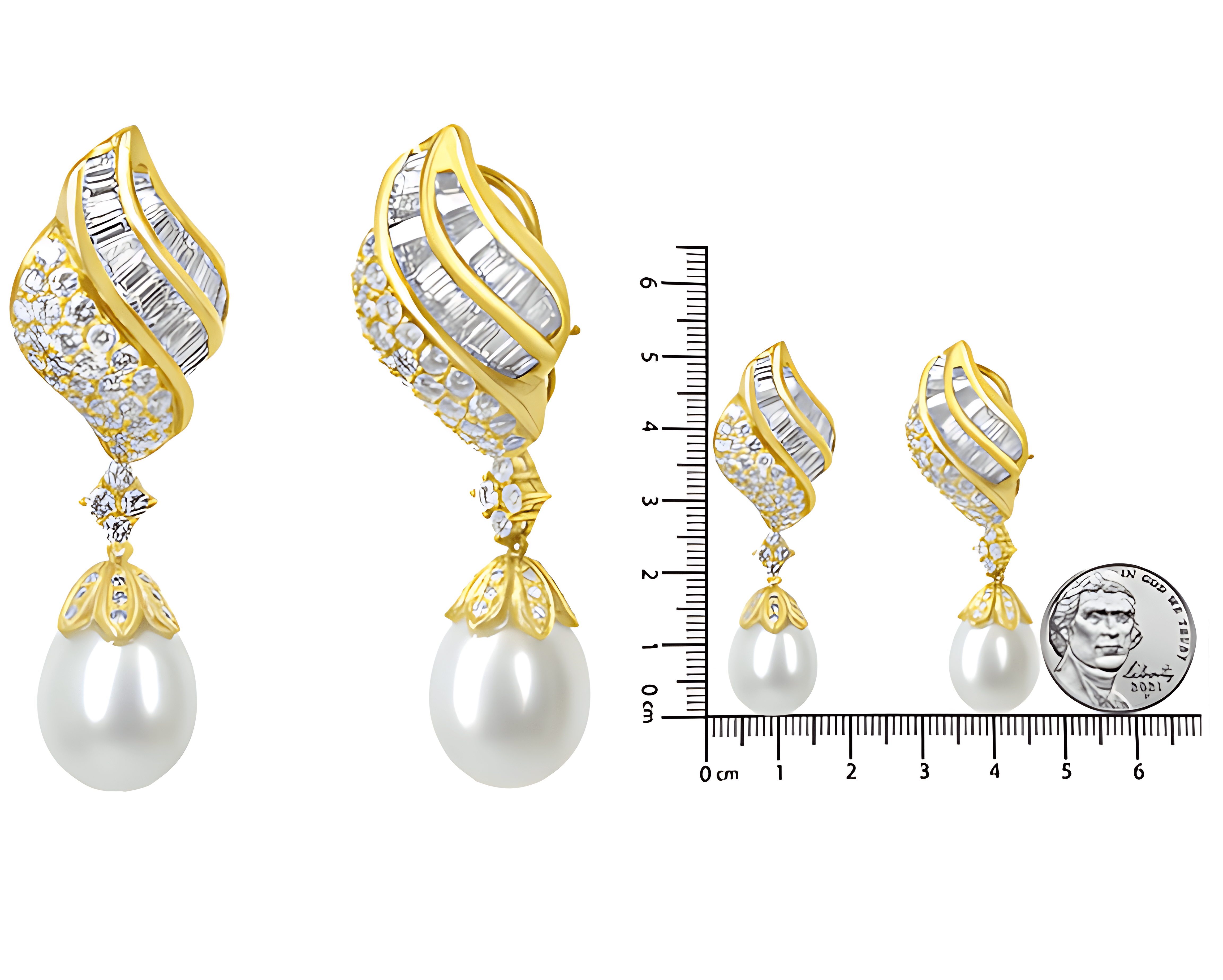 18k Yellow Gold 7.0 Cttw Baguette and Round Diamond South Sea Pearl Drop Dangle Clip-On Earrings (F-G Color, VS1-VS2 Clarity) - Stormyjay