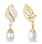 18k Yellow Gold 7.0 Cttw Baguette and Round Diamond South Sea Pearl Drop Dangle Clip-On Earrings (F-G Color, VS1-VS2 Clarity) - Stormyjay