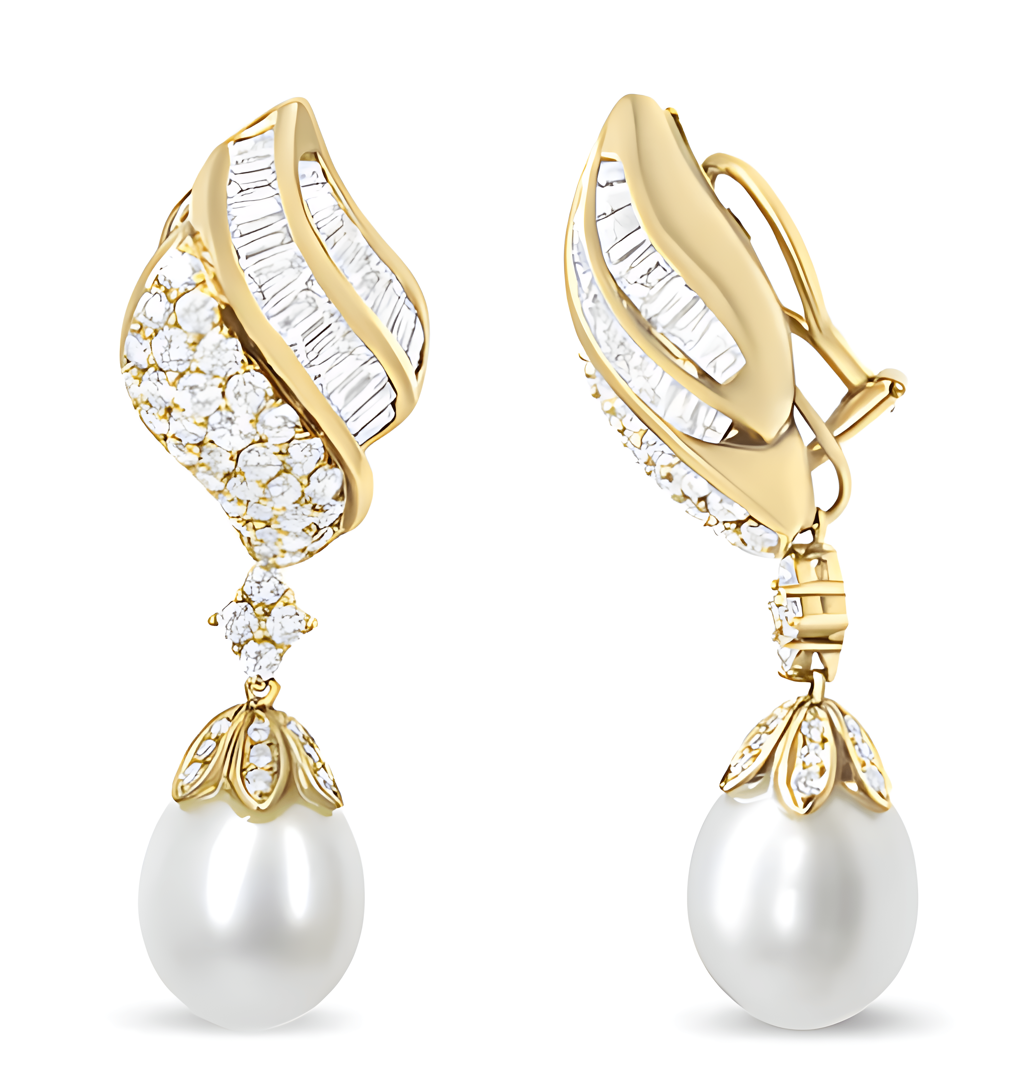 18k Yellow Gold 7.0 Cttw Baguette and Round Diamond South Sea Pearl Drop Dangle Clip-On Earrings (F-G Color, VS1-VS2 Clarity) - Stormyjay