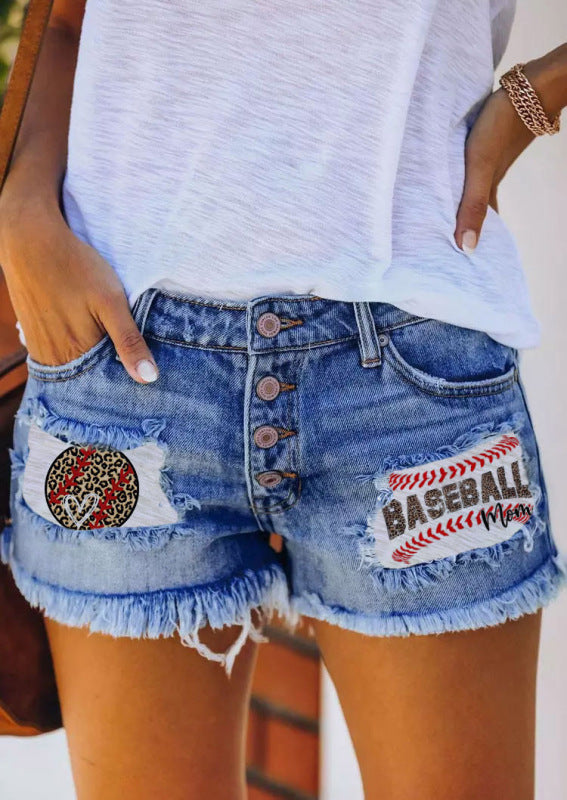 Button-breasted printed patch denim shorts with ripped fringed hot pants - Stormyjay