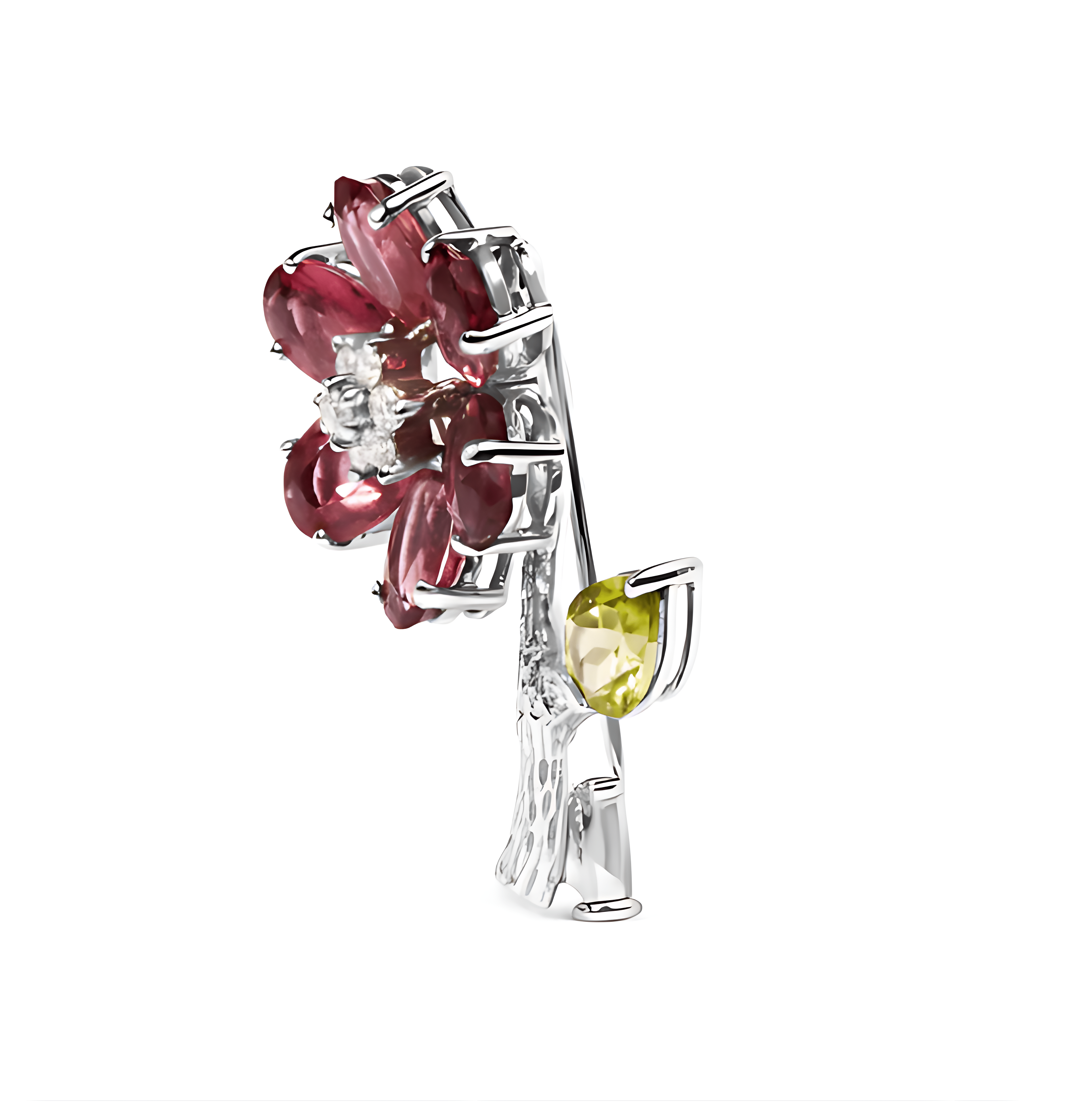 18K White Gold 1/3 Cttw Diamond, Pink Tourmaline, and Green Peridot Flower and Leaf Tulip Brooch Pin (H-I Color, VS2-SI1) - Stormyjay