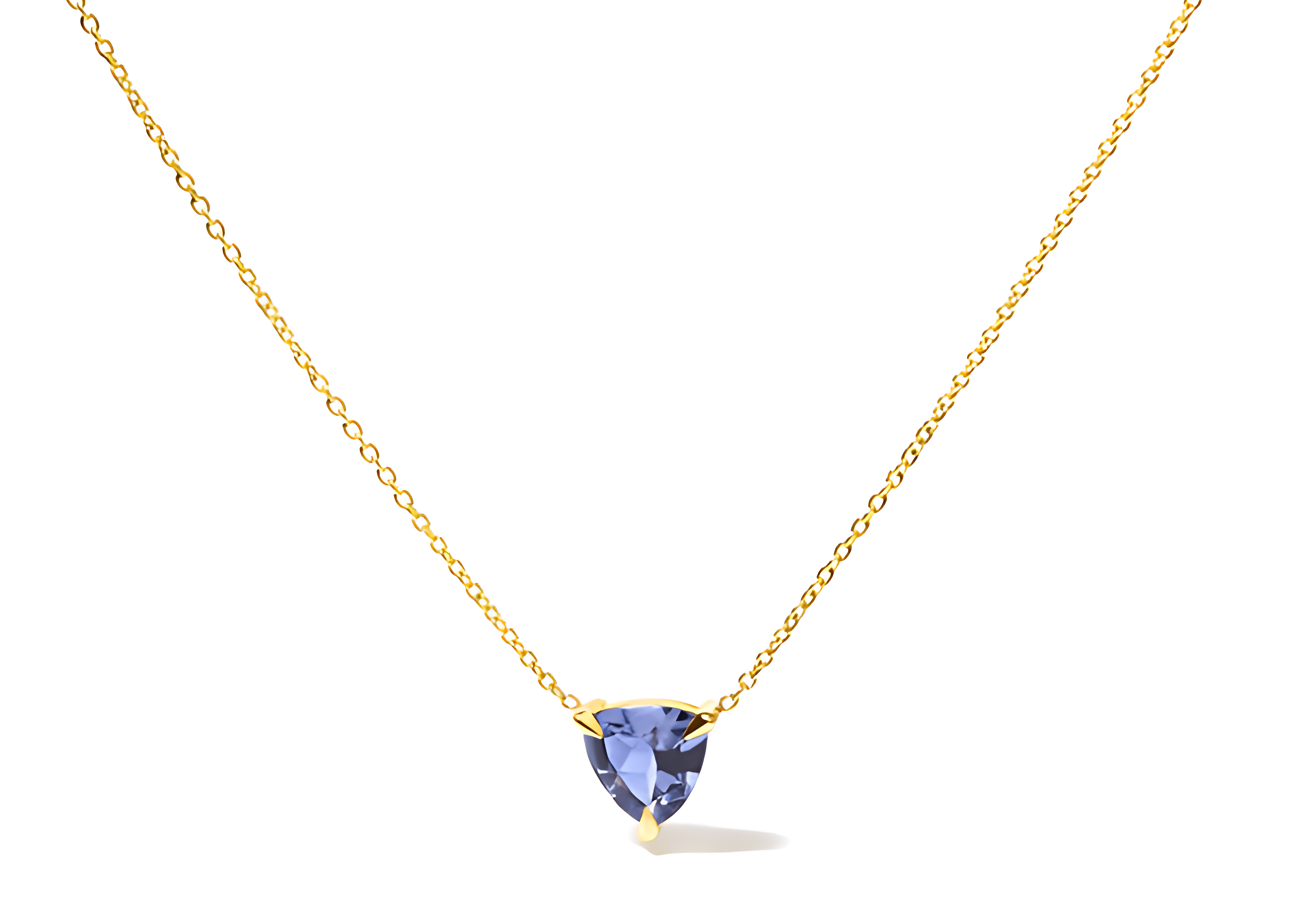 14k Yellow Gold 3-Prong Martini Set Blue Tanzanite Trillion Solitaire 18" Pendant Necklace - Stormyjay