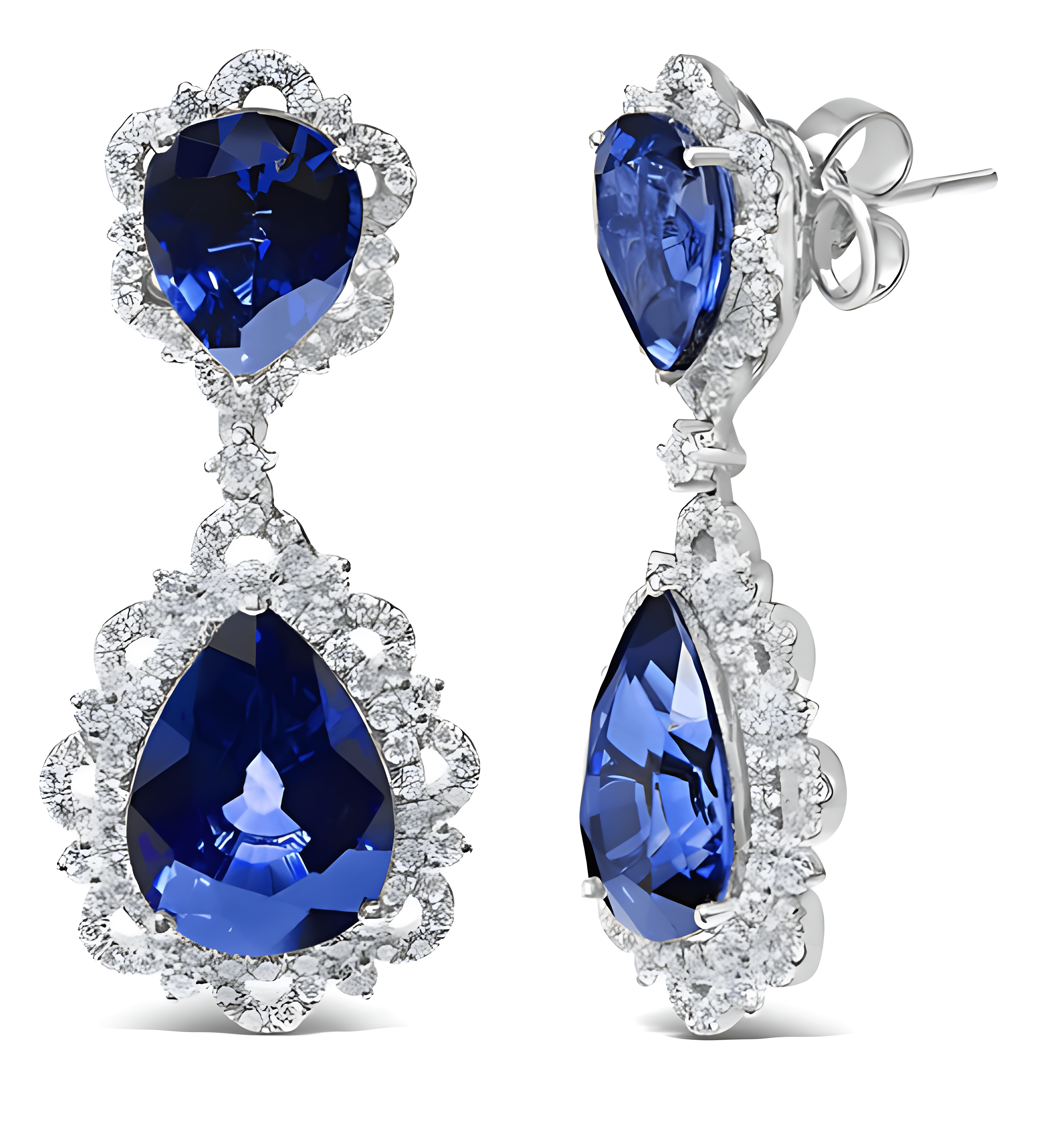 18K White Gold Blue Sapphire and Diamond 2.00 Cttw Diamond Halo Drop and Dangle Earring (G-H Color, SI1-SI2 Clarity) - Stormyjay