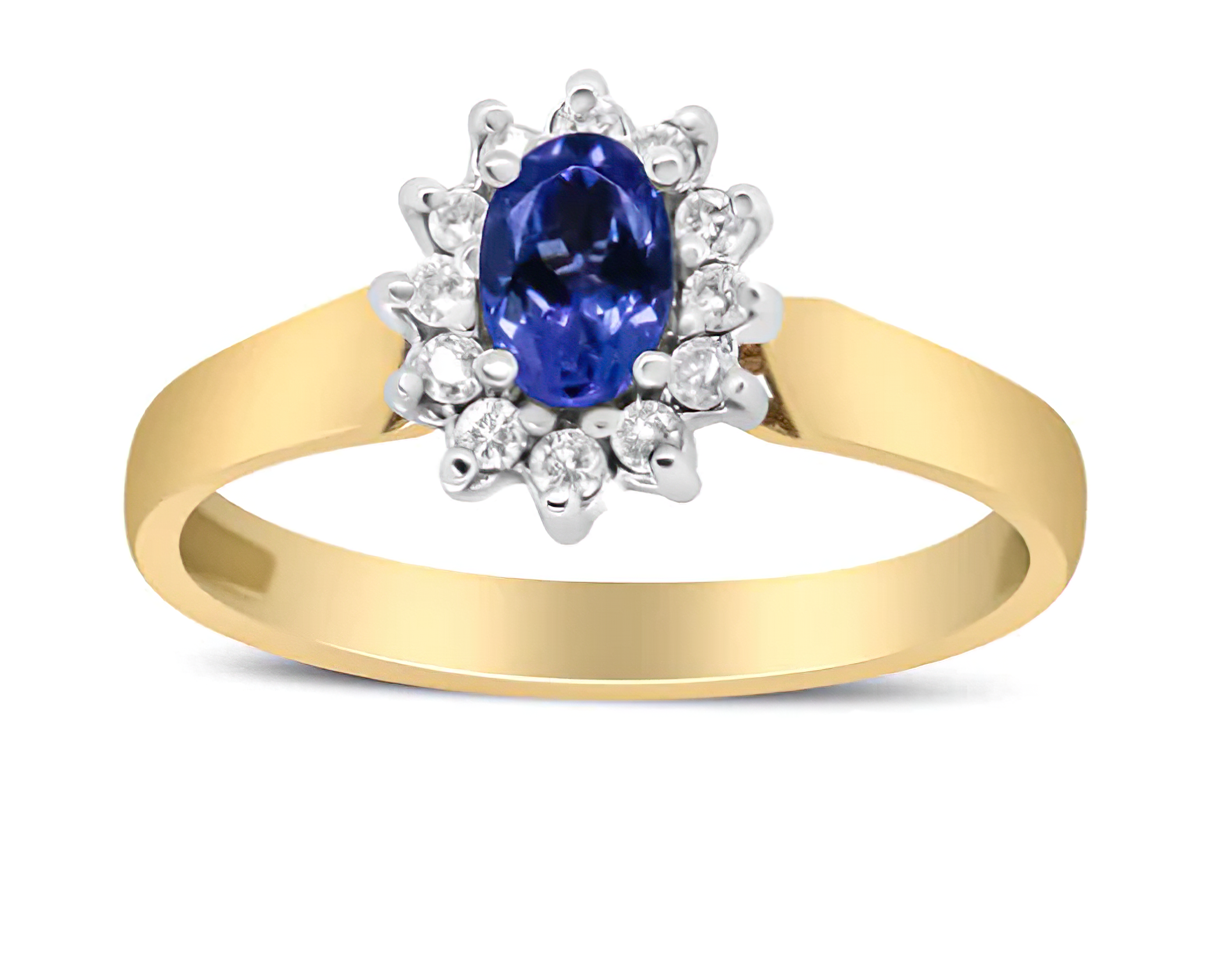 14K Yellow Gold 1/5 Cttw Round Diamond and 6x4mm Oval Blue Tanzanite Halo Ring (H-I Color, I1-I2 Clarity) - Size 7.75 - Stormyjay