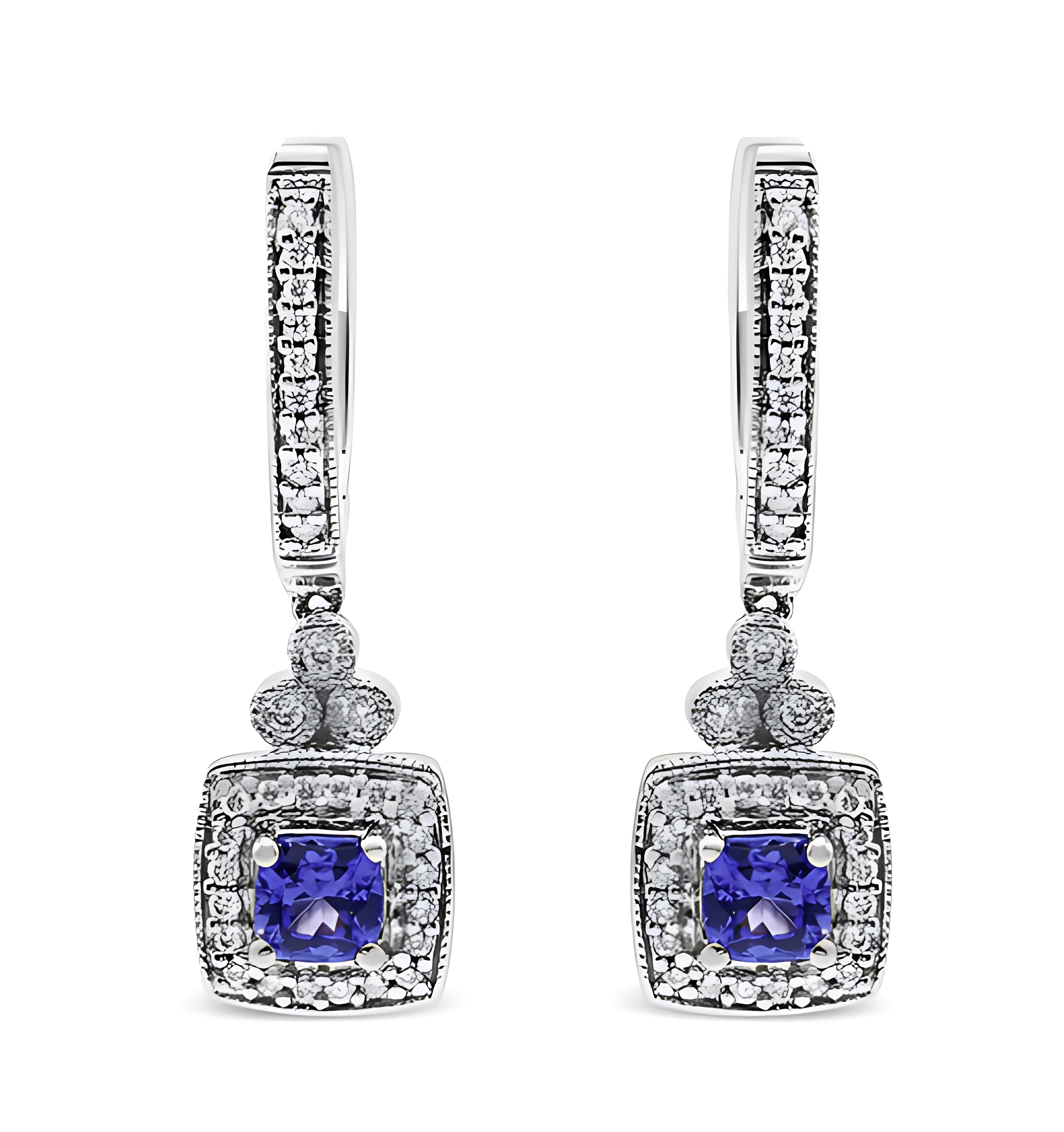 14K White Gold 4x4 mm Cushion Shaped Blue Tanzanite and 1/3 Cttw Diamond Halo 1" Inch Drop and Dangle Earrings (J-K Color, SI2-I1 Clarity) - Stormyjay