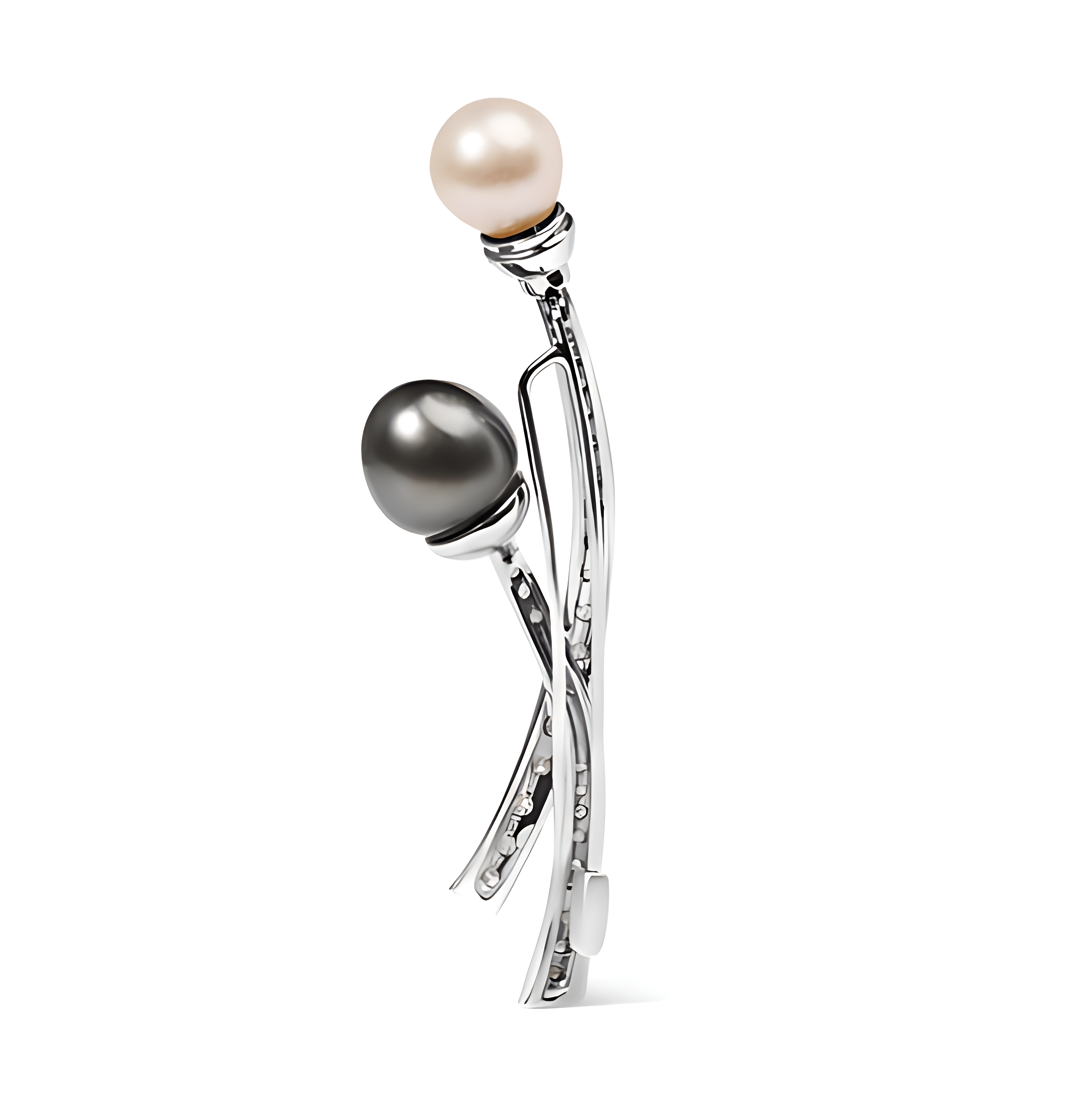 18K White Gold 3/5 Cttw Diamond and Cultured South Sea Black and White Pearl Brooch Pin (H-I Color, VS1-VS2 Clarity) - Stormyjay