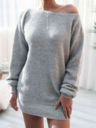 Rib-Knit Balloon Sleeve Boat Neck Sweater Dress - Stormyjay