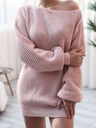 Rib-Knit Balloon Sleeve Boat Neck Sweater Dress - Stormyjay