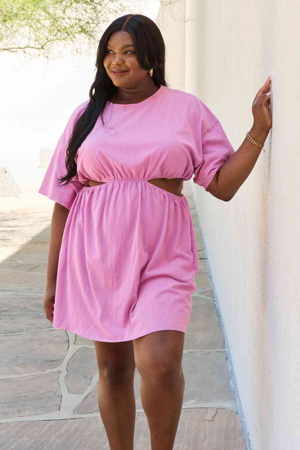 HEYSON Summer Field Full Size Cutout T-Shirt Dress in Carnation Pink - Stormyjay