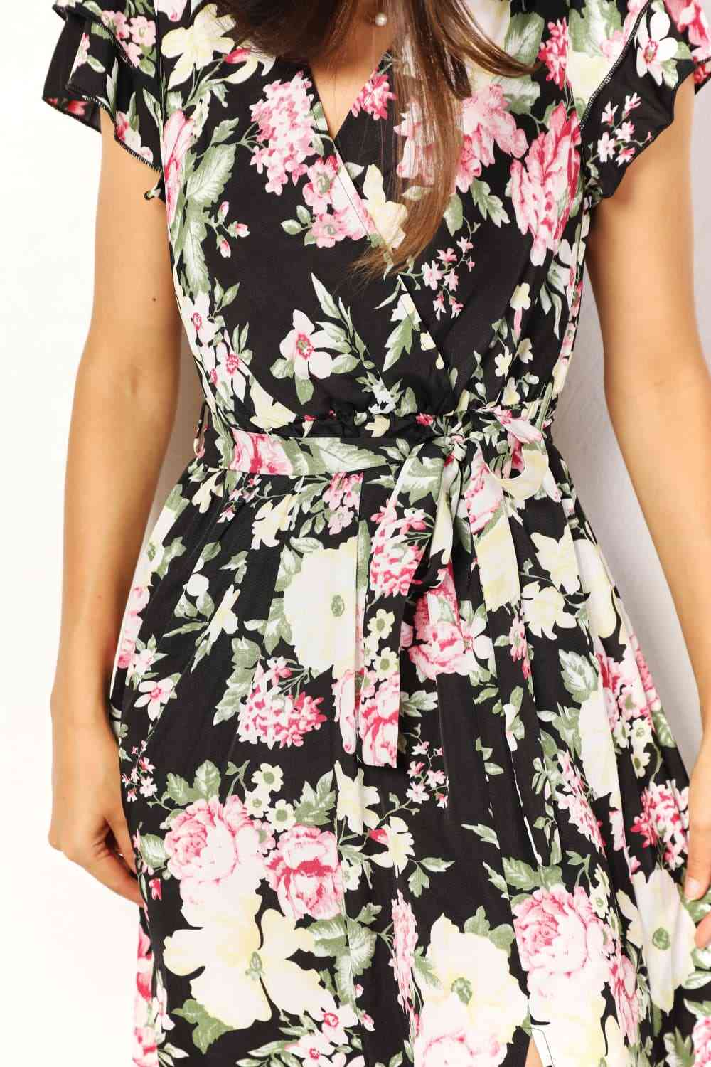 Double Take Floral Flutter Sleeve Tie-Waist Split Dress - Stormyjay