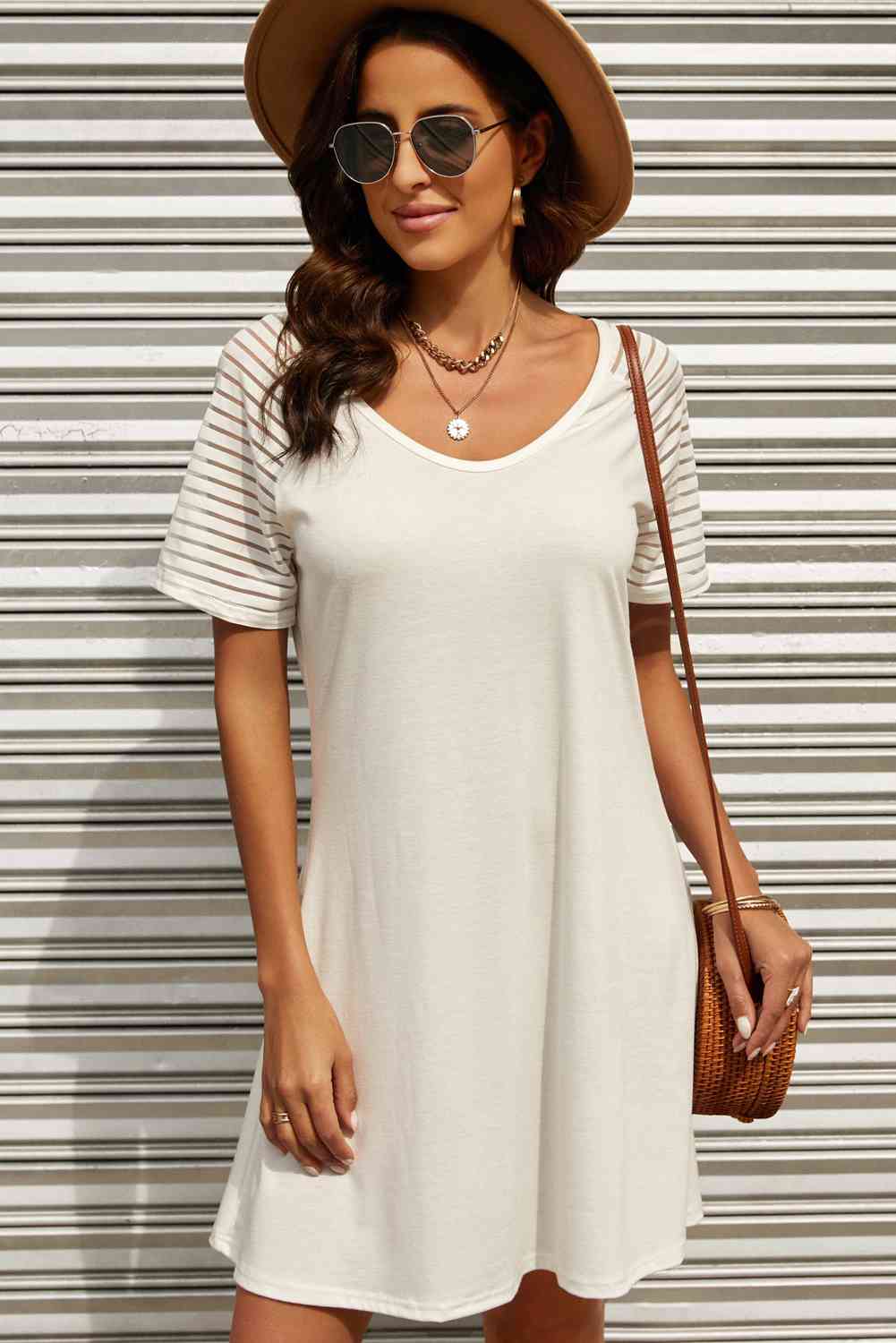 Sheer Striped Raglan Sleeve T-Shirt Dress - Stormyjay