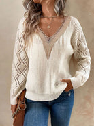 Openwork V-Neck Dropped Shoulder Sweater - Stormyjay