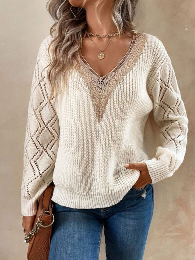 Openwork V-Neck Dropped Shoulder Sweater - Stormyjay