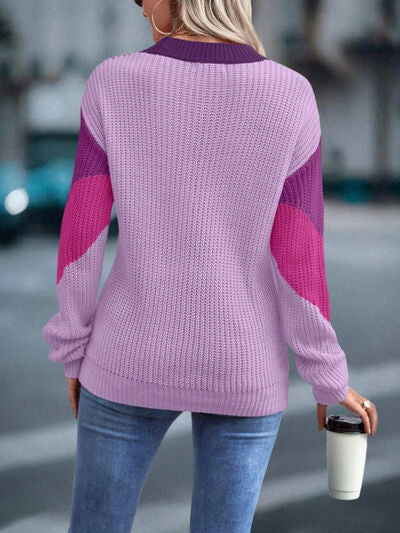 Color Block Round Neck Dropped Shoulder Sweater - Stormyjay