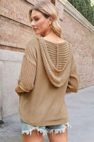 Openwork Drawstring Hooded Half Sleeve Knit Top - Stormyjay