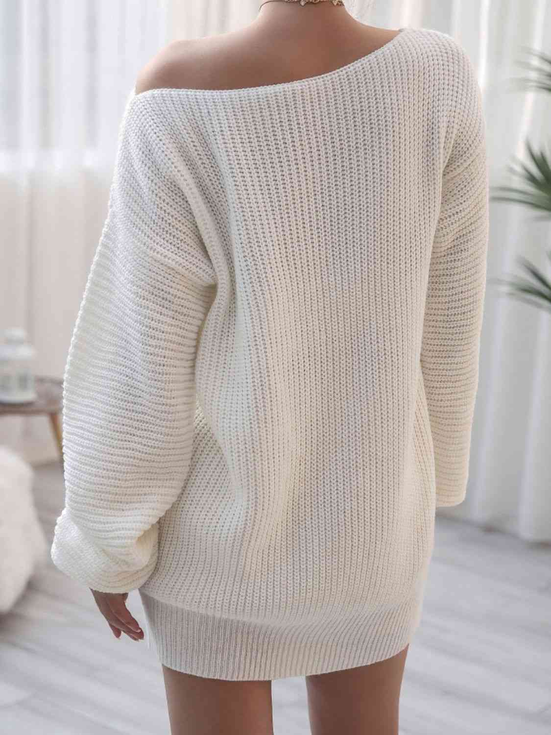 Rib-Knit Balloon Sleeve Boat Neck Sweater Dress - Stormyjay