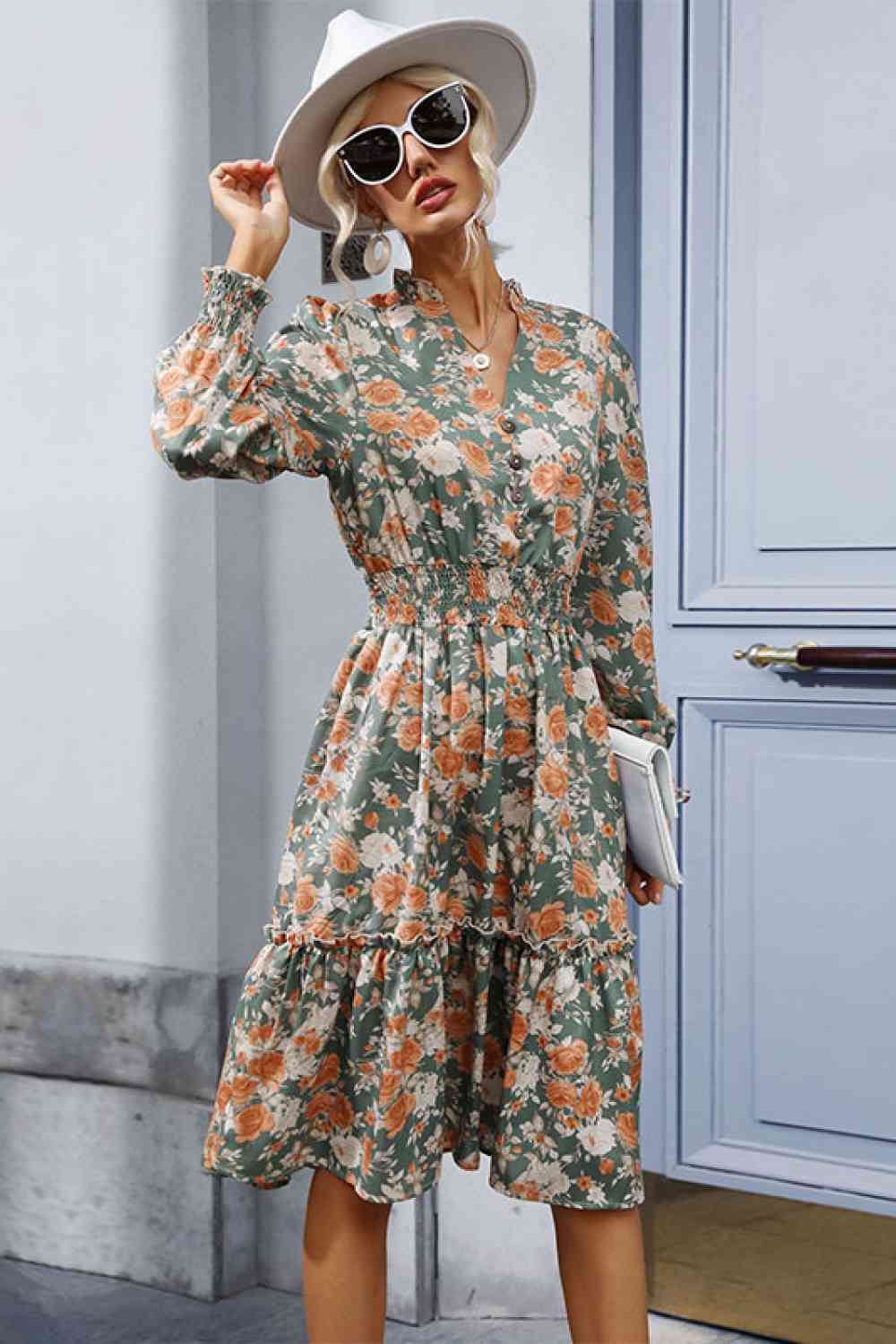 Floral Smocked Decorative Button Dress - Stormyjay