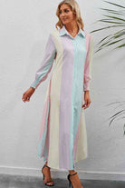 Rainbow Stripe Button-Up Maxi Shirt Dress - Stormyjay