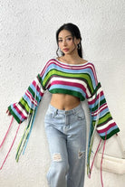 Fringe Striped Round Neck Knit Top - Stormyjay