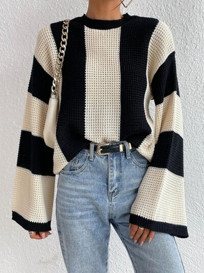 Striped Mock Neck Long Sleeve Sweater - Stormyjay