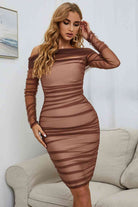 Off-Shoulder Ruched Long Sleeve Tulle Dress - Stormyjay