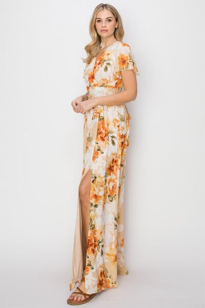 HYFVE Floral Tie Back Short Sleeve Slit Maxi Dress - Stormyjay