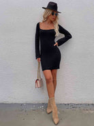 Tie Back Square Neck Long Sleeve Sweater Dress - Stormyjay