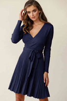 Surplice Neck Tie Waist Pleated Dress - Stormyjay