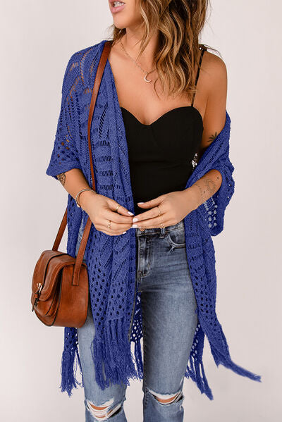 Openwork Open Front Cardigan with Fringes - Stormyjay