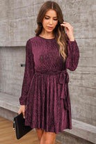 Round Neck Tie Front Long Sleeve Dress