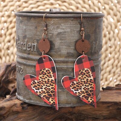 PU Leather Wood Heart Dangle Earrings