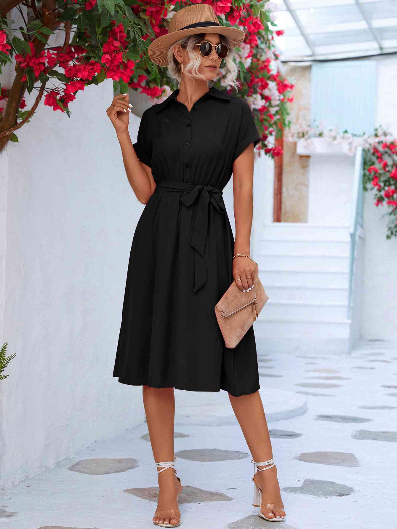 Cuffed Short Sleeve Belted Shirt Dress - Stormyjay